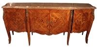 Louis XV style buffet in rosewood with tulipwood, lemonwood and tinted rosewood marquetry and bre'che royal marble top. From Jean-Marc Fray Antiques.